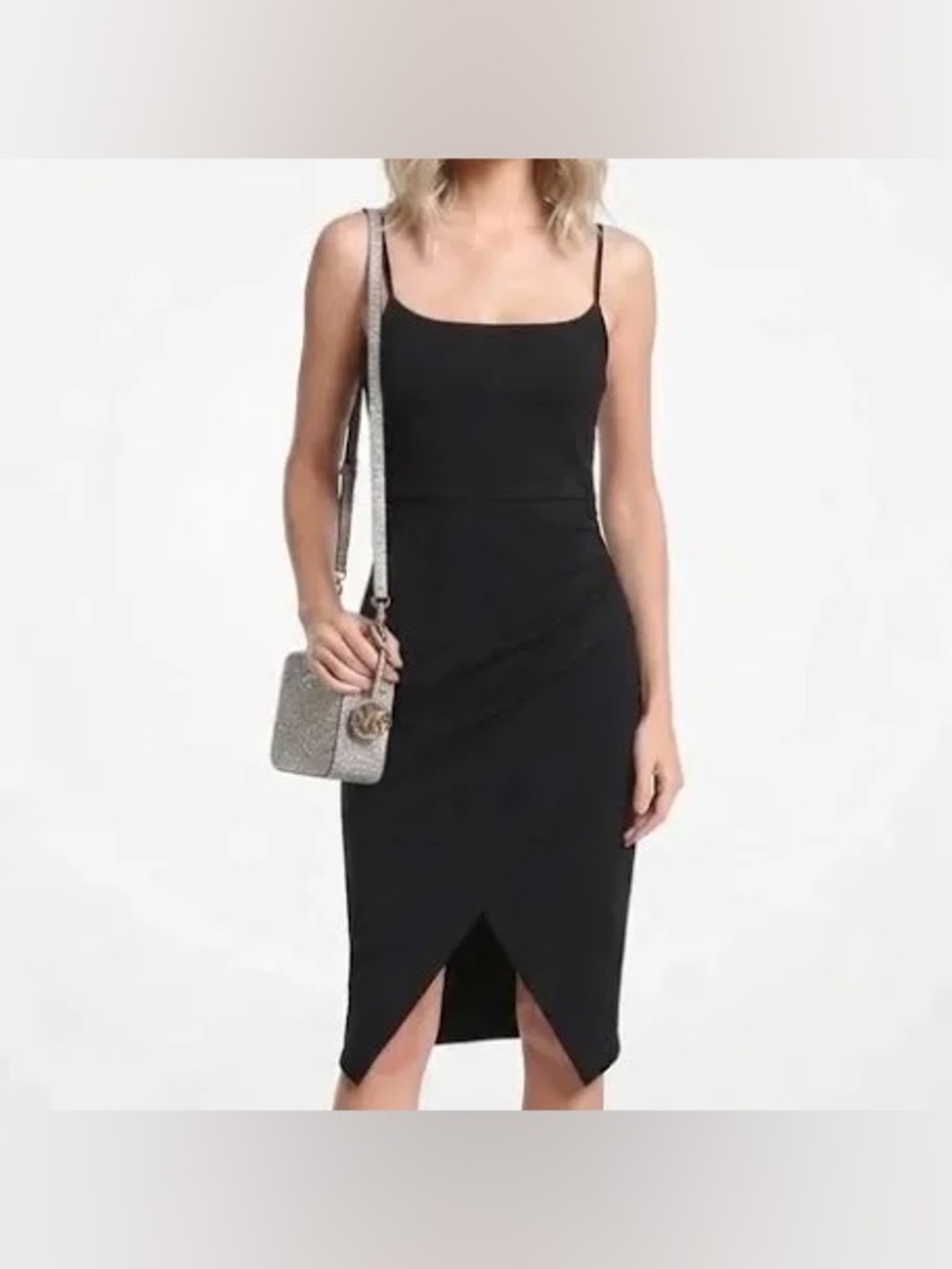 Lush Classic Black Spaghetti-Strap Draped Wrap Midi Dress Medium